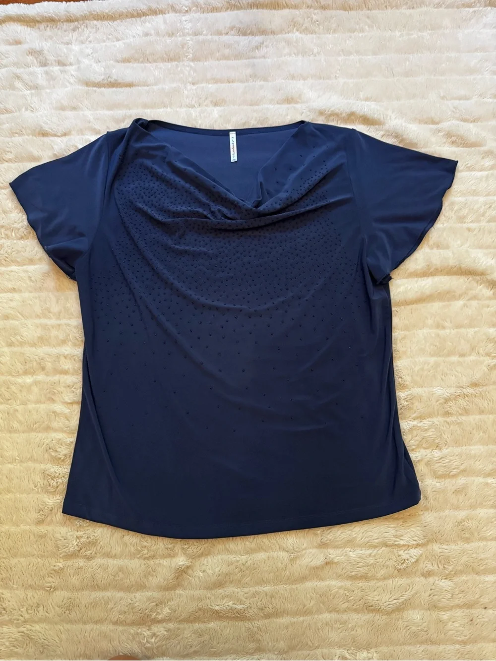 Passport Navy Beaded Cowl Neck Short Sleeve Blouse